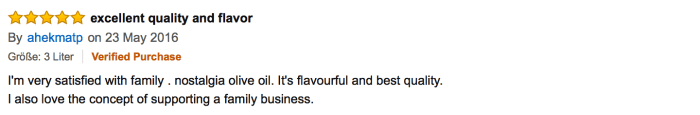 Captura de pantalla de una segunda reseña de cliente en Amazon Alemania del aceite de oliva family. nostalgia
