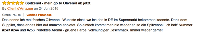 Captura de pantalla de una reseña de cliente en Amazon Alemania del aceite de oliva family. nostalgia