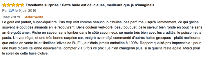 Captura de pantalla de una reseña de cliente en Amazon Francia del aceite de oliva family. nostalgia